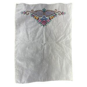 Vintage Hand Cross Stitched Floral Kitchen Linen Tea Towel 18 x 13.5 Basket Pink